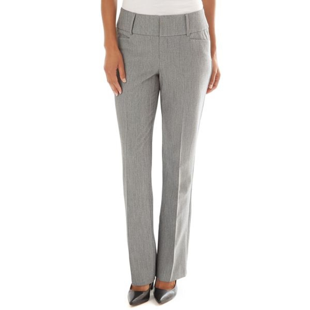 Gray dress/work pant. Magic tummy control top feels comfy but slims the waist.